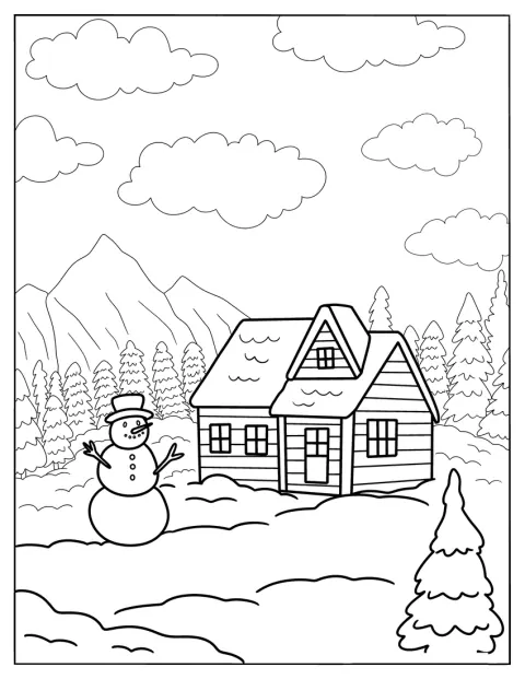 Um boneco de neve está à porta de uma casa de montanha coberta de neve.