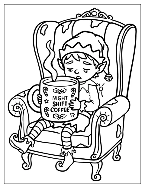 Ein müder Elf sitzt mit einem großen Kaffeebecher in einem Sessel.