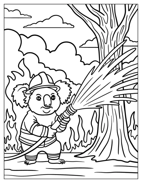Ein Koala in Feuerwehrkleidung spritzt mit einem Schlauch Wasser auf ein Feuer.