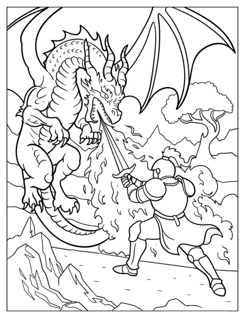 Un cavaler se înfruntă cu un dragon care suflă flăcări.