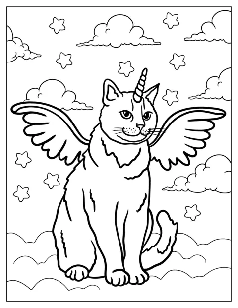 Um gato unicórnio realista e de grandes dimensões flutua entre nuvens.