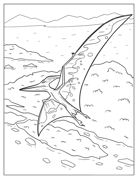 Mit ausgebreiteten Flügeln fliegt ein detailreicher Flugsaurier über eine Insel.