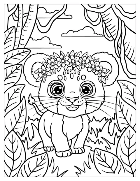Dans la jungle, un lionceau porte une couronne de fleurs.
