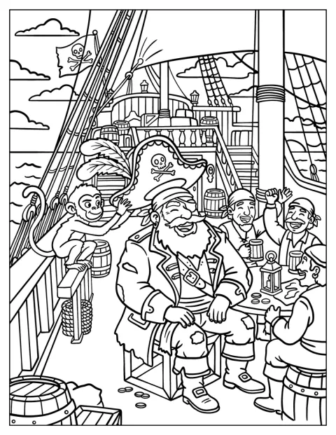 海賊船長が船の上で、仲間たちと一緒に祝っています。