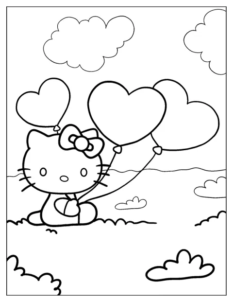 Hello Kitty pitelee sydämenmuotoisia ilmapalloja.