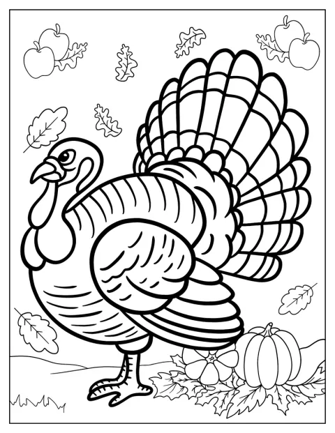 Un pavo enfadado está entre calabazas y hojas que caen.