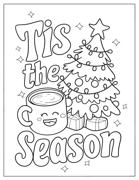 Un árbol navideño y una taza sonriente acompañan el mensaje «Es la época».