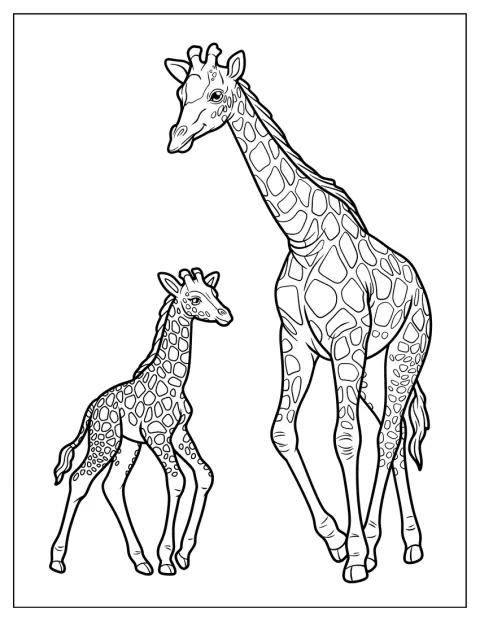 Een giraffemoeder staat naast haar kalf.