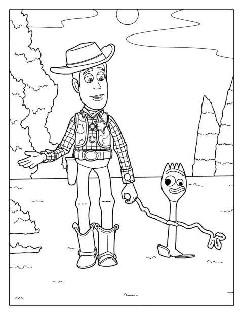 Woody stă alături de Spork, personajele din Toy Story.