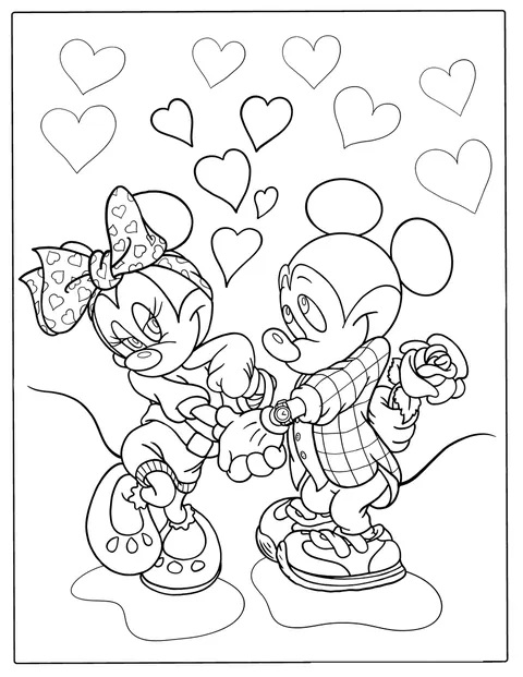 Minnie et Mickey posent ensemble parmi des cœurs.