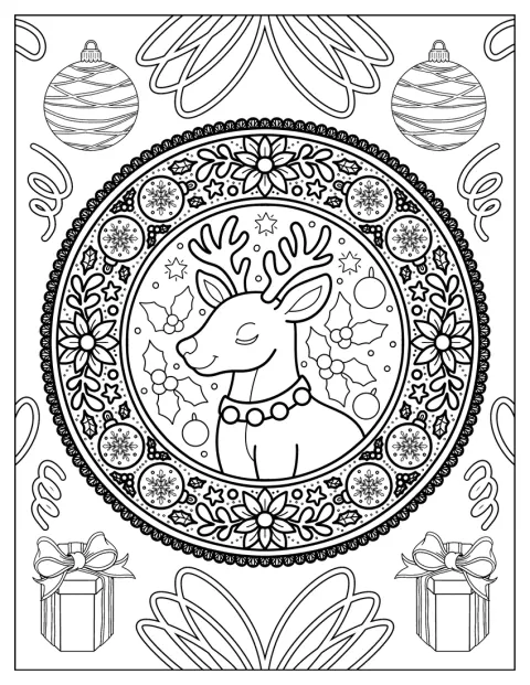 Et detaljeret rensdyrmotiv indgår i en mandala med kristtorn, kugler og mønstre.