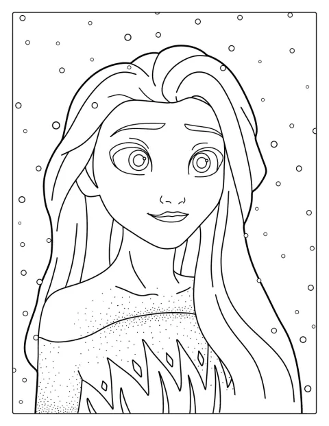 Elsa sourit tandis que la neige tombe autour d’elle.