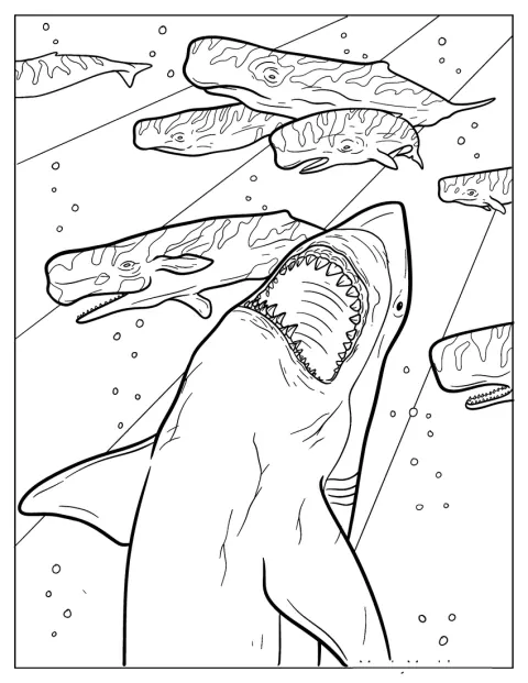 En megalodon svømmer gjennom havet sammen med flere spermhvaler.