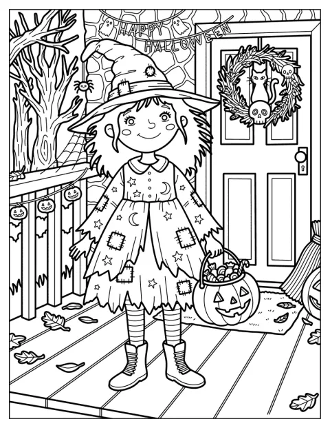 女の子がハロウィーン柄のパッチワークドレスを着ています。