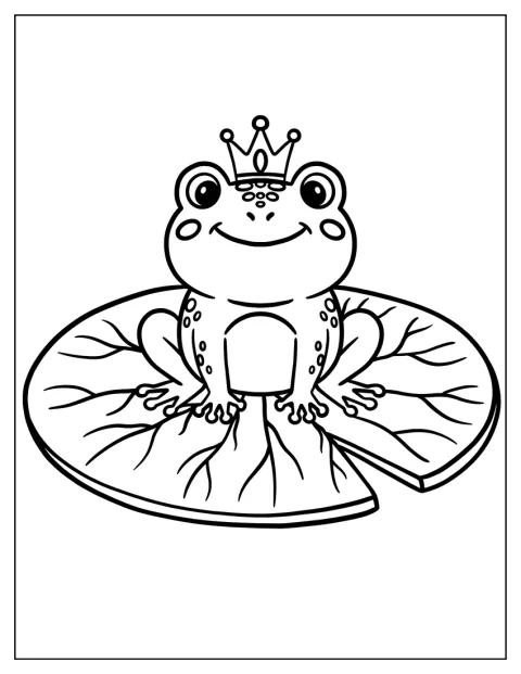 Kruunua kantava sammakko istuu lumpeenlehdellä lammessa.