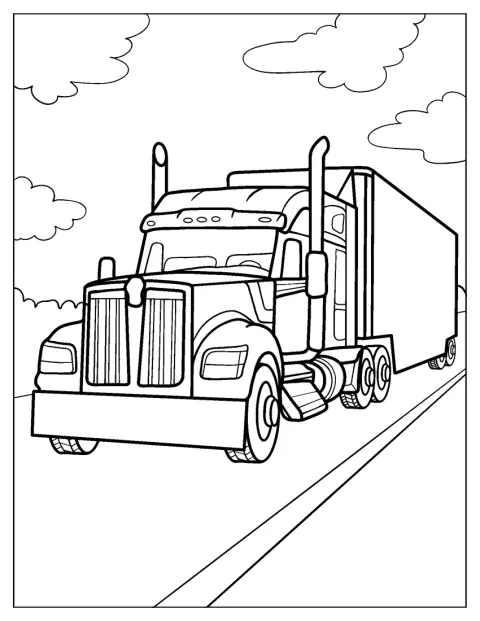 En enkel semitrailer står på veien med førerhuset foran.