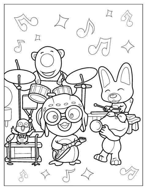 Harry, Crong, Eddy och Poby spelar musik tillsammans med Pororo.