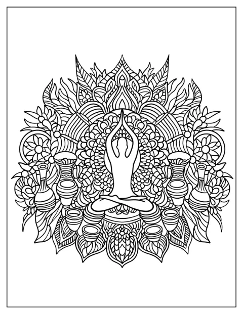 Una silueta medita en postura del loto dentro de un mandala detallado.