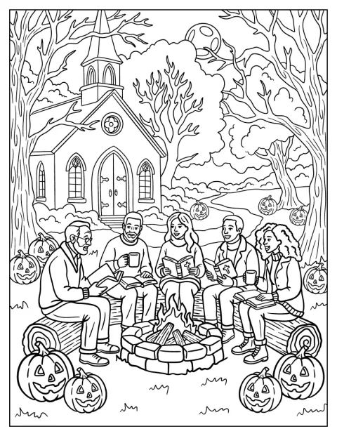 Alcuni amici cristiani leggono storie di Halloween attorno a un falò.