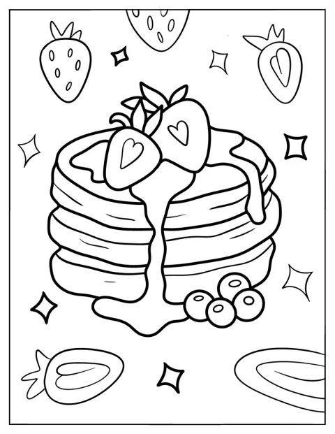 Fragole, mirtilli e sciroppo guarniscono una pila di pancake soffici.