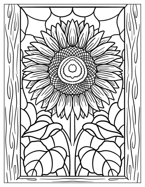 En blomstrende solsikke omkranset av bladkledde slyngplanter danner et glassmalerimotiv.