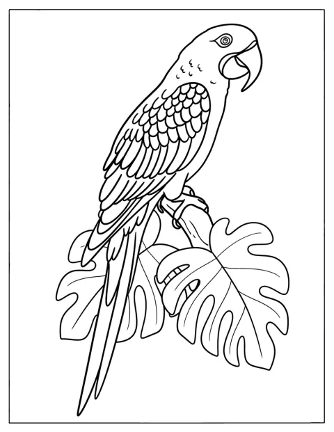En ara står bland frodiga tropiska blad.