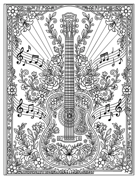 Fiori e note musicali decorano alcune chitarre acustiche.