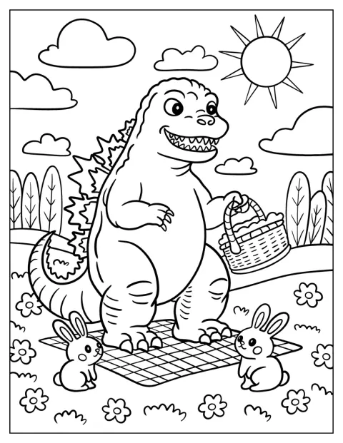 Godzilla urządza słoneczny piknik z królikami na leśnej polanie.