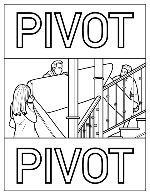 Ross, Chandler e Rachel cercano di spostare un divano, mentre Ross grida «Pivot!».