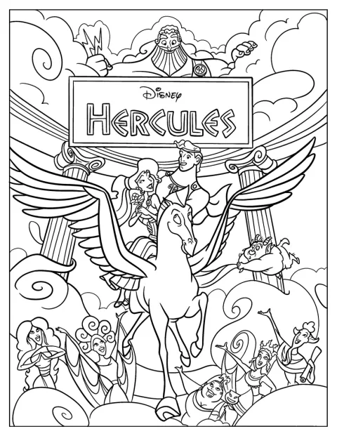 Zeus, Mégara, Pégase et les Muses entourent Hercule sur une affiche.