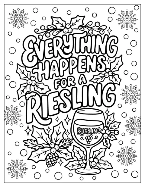 Um copo de vinho Riesling está decorado com folhas de azevinho e flocos de neve.