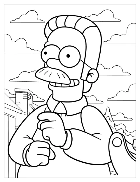 Ned Flanders kijkt blij en staat ontspannen.