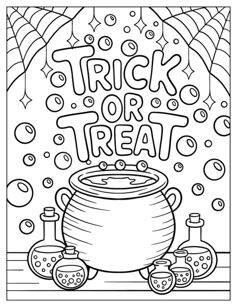 Kocioł czarownicy z eliksirami znajduje się pod napisem „Cukierek albo psikus”.