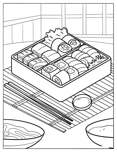 Forskellige stykker sushi ligger i en bentoboks.