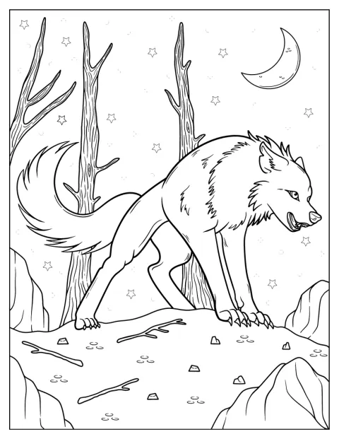 In het donker staat een grote, angstaanjagende wolf.