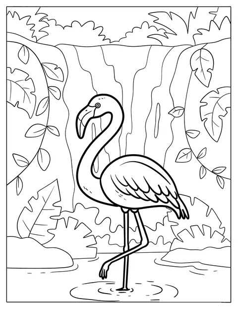 Ein realistischer Flamingo steht vor herabstürzenden Wasserfällen.