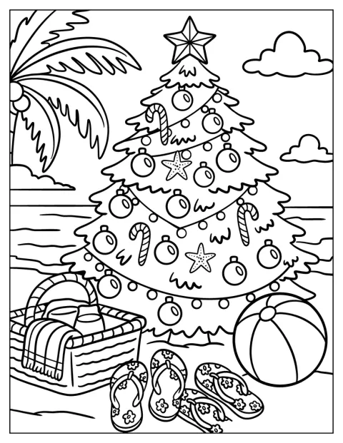 Un árbol de Navidad decorado se alza sobre la arena junto al mar.
