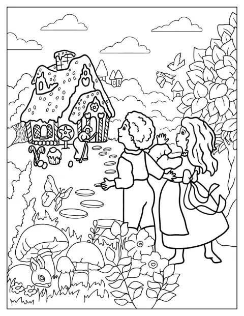 Hansel e Gretel estão diante da casa da bruxa na floresta.