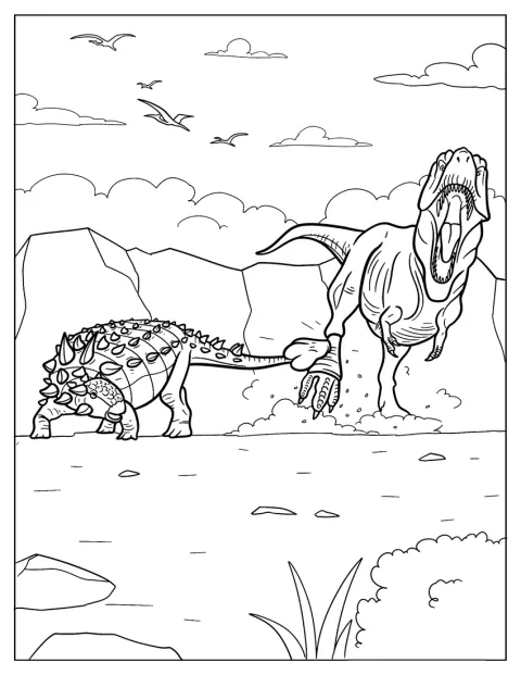 Een T. rex rent achter een Ankylosaurus aan.