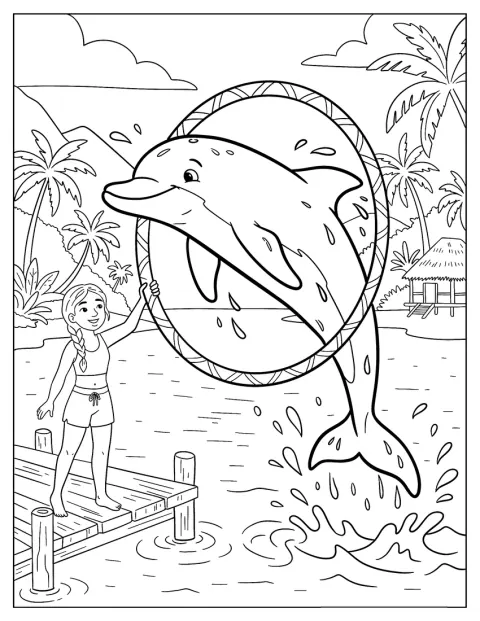 Ein Delfin springt mitten im Wasser durch einen Reifen.