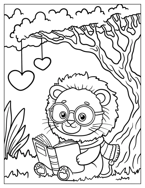 Cu fularul la gât, un leu studios citește o carte sub un copac.