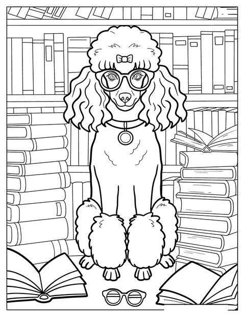 Um caniche está numa biblioteca, rodeado por pilhas de livros.