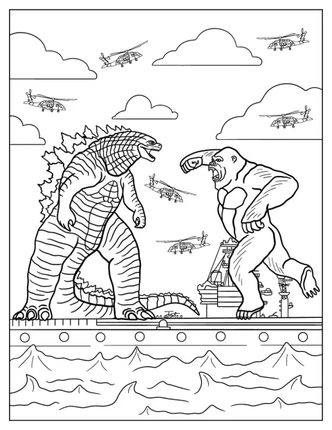 Godzilla og Kong slåss om bord på et slagskip.