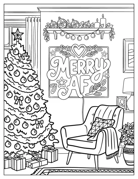 V obývacím pokoji plném svátečních dekorací vyniká nápis „Merry AF“.