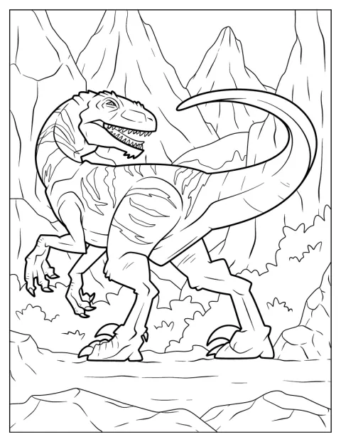 Indominus rex czai się wśród leśnych drzew.