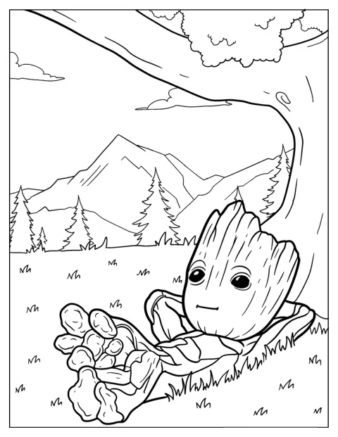 Groot descansa a la sombra de un árbol.