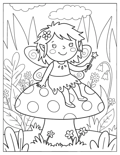 妖精が大きなキノコの上に立ち、星の杖を掲げています。