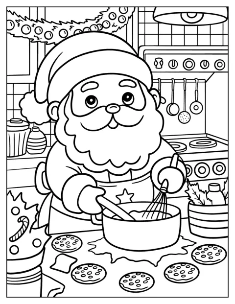 In einer festlich geschmückten Küche backt Santa Claus Weihnachtsplätzchen.