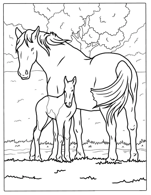 Uma égua está ao lado da sua cria num campo.