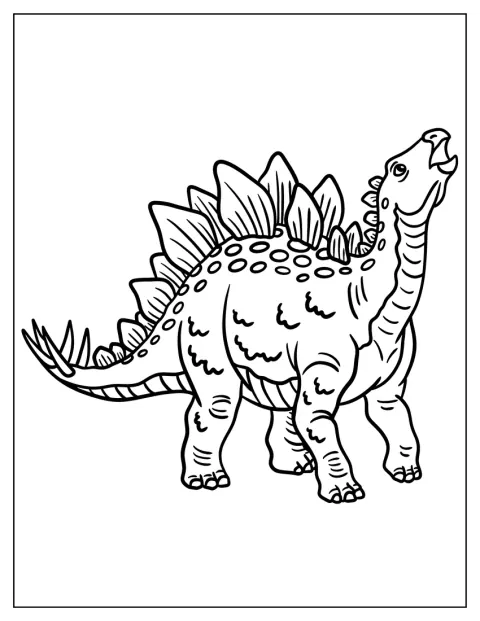 Un Stegosaurus stă în picioare și își ridică privirea.